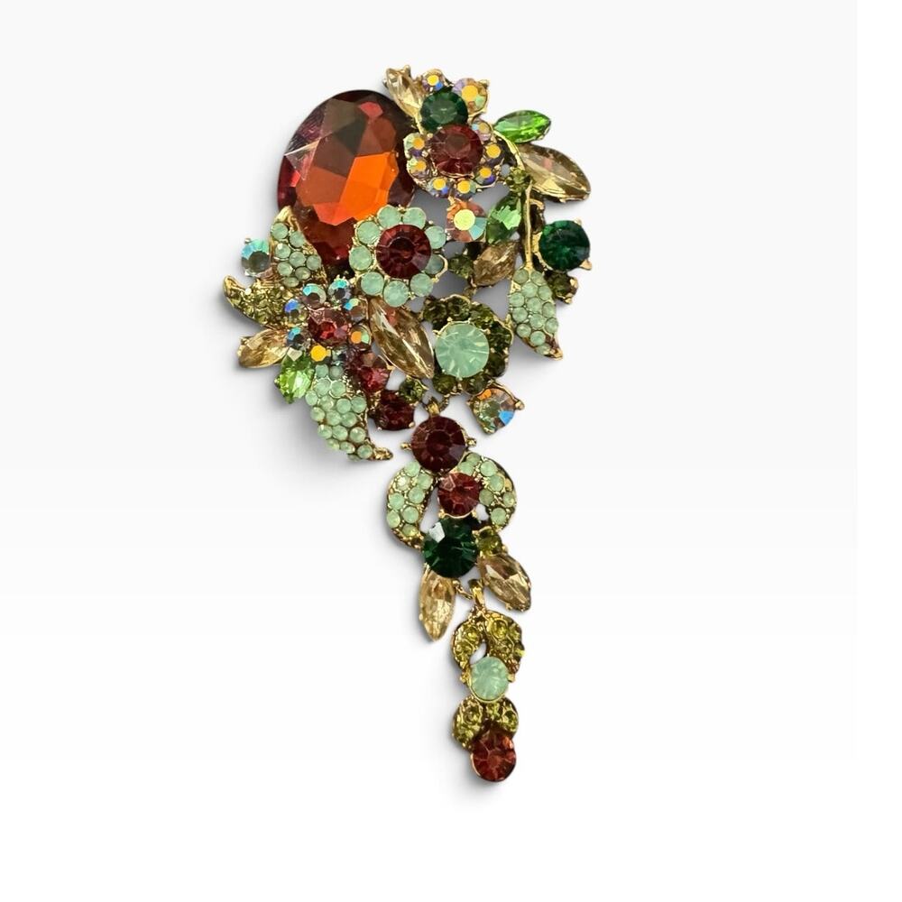 Statement Rhinestone Floral Dangle Brooch Multicolor Gold Tone Vintage Style L4"